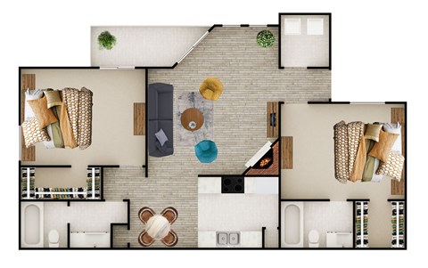 Floor plan for 2 beds, 2 baths, 977 sqft